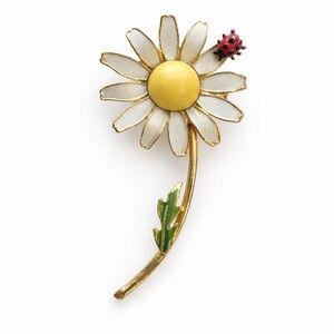 Vintage WEISS Daisy & Ladybug Brooch – Signed Enamel Flower Pin